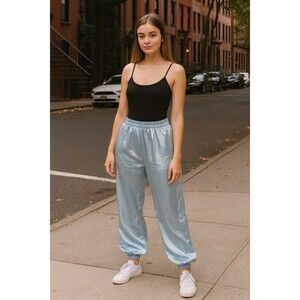 ZARA Baby Blue Silky Joggers Sz S Shiny Lined Sweatpants Streetwear Cozy Lounge
